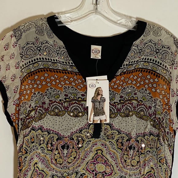 Bila Top Womens Small Multicolor Beaded Boho Paisley Tunic Blouse Fun Sequin New - Picture 2 of 16